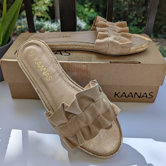 Kaanas Shoes - KAANAS Pasadena Ruffle Slide Flat Sandals Size 8 Nude Color